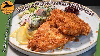 Knuspriges Putenschnitzel in der Kartoffelkruste mit cremigem Gurkensalat [upl. by Aciamaj]