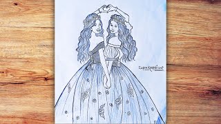 Girl Friendship Drawing  Two Girl Friendship  How to draw two friends [upl. by Aikyt]