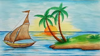 How to draw scenery of Island with water colour step by step [upl. by Nawrocki]