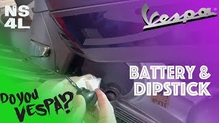 Battery and Oil Dipstick Location  VESPA AT NEW SCOOTERS 4 LESS [upl. by Selemas]