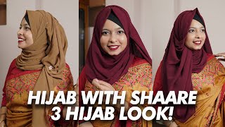 How To Style Hijab With Saree  3 Different Party Hijab Style  Khudalagse [upl. by Betsy795]