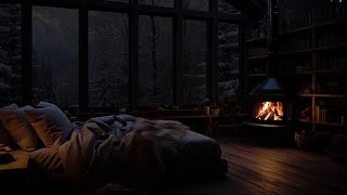 Blizzard with Thunder Falling Snow Crackling Fireplace amp Sleeping Cats in a Warm Cabin [upl. by Canute]