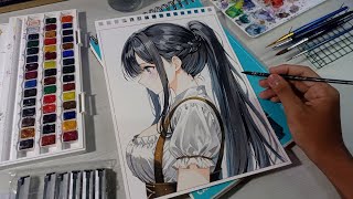 coloring using gouache digital version of anime drawing using gouache paint  drawing anime girl [upl. by Lasala]