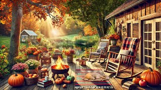 Autumn Cozy Cabin Porch in Forest Ambience with Falling Leaves Campfire and Relaxing Fall Sounds [upl. by Dric433]