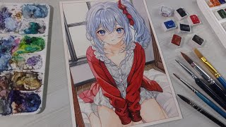 coloring using gouache anime fanart  coloring anime using watercolor and gouache [upl. by Jessalyn]