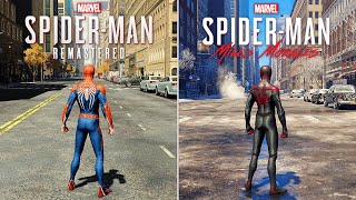 SpiderMan Remastered vs SpiderMan Miles Morales  Physics and Details Comparison [upl. by Gytle]