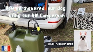 Showering Our French Bulldog at the Campsite  Ridgemonkey Outdoor Power Shower in VW California [upl. by Nyla915]