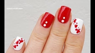 DOTTING TOOL NAIL ART 12  Red amp White Valentines Day Heart Nails [upl. by Bianka]