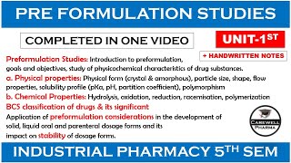 preformulation studies complete  Unit 1  industrial pharmacy 5th semester  Carewell Pharma [upl. by Atinrahs868]