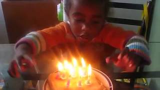 Two year old singing Happy Birthday with funny candle blowing [upl. by Yenitirb]