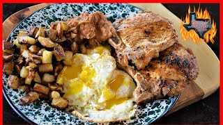 Chef Johnnys Fried Eggs And Pork Chops On The Blackstone Griddle  Blackstone Griddle Recipes [upl. by Terle]