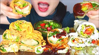 ASMR WRAPS SPICY CHICKEN EGG MAYO LENTIL BBQ GREEN JALAPENO NANDOS SAUCE JASMINE TEA MUKBANG [upl. by Asiret209]