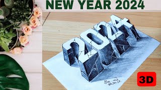 Happy New year 2024 stone 3D letter pencil drawing 3D letter 2024 Tutorial for beginners [upl. by Esikram]