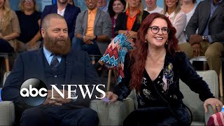 Nick Offerman and Megan Mullally talk The Greatest Love Story Ever Told [upl. by Hctud835]