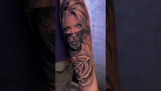 Bandit girl  black and grey  realism blackandgreytattoo tattoo tattooartist inked [upl. by Ahsinal]