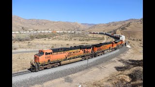 BNSF Tehachapi Pass stack train attacks the grade from a standing start at Caliente horseshoe curve [upl. by Ynohtnaluap724]