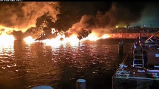 Tanker Aframax River Hits Mooring 88000 Gallons Of Oil Burn [upl. by Ayotnom532]