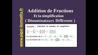 Addition de fraction et Simplification  Cas dénominateurs différents   Math 5ème [upl. by Murrell30]