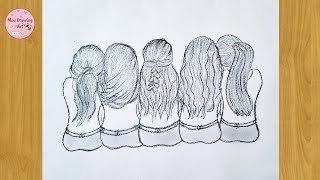 Easy Five Best Friend Pencil Sketch Tutorial step by step  How To Draw Friends Party [upl. by Farr]