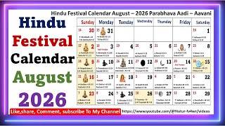 Hindu Festival Calendar August – 2026 Parabhava Aadi – Aavani [upl. by Anneuq291]