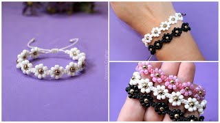 PULSERA fácil DE FLORES con hilo y mostacillaschaquiras ✿Tutorial [upl. by Ayian]