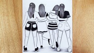 How to Draw Four Friends Hugging Each other  Bff drawing  Friends drawing  girls drawing [upl. by Nollek]