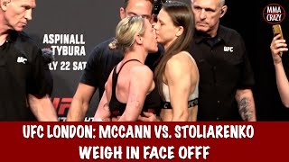 INTENSE UFC London Molly McCann vs Julija Stoliarenko weigh in Face off [upl. by Curtice]