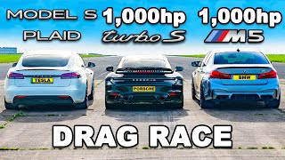 1000hp M5 v 1000hp 911 Turbo v Model S Plaid DRAG RACE [upl. by Idnar]