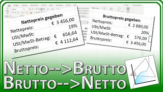 Netto in Brutto amp Brutto in Netto umrechnen Umsatzsteuer amp Mehrwertsteuer  Excel Grundlagen [upl. by Bertle]