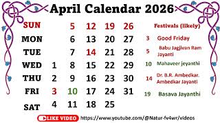 April Calendar 2026 aprilcalender2026 [upl. by Lyrret881]