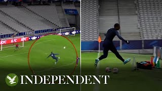 Kylian Mbappe runs down tunnel in celebration after scoring screamer in France training [upl. by Oxford510]