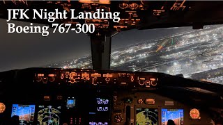 Boeing 767300 JFK Night Landing  Cockpit View [upl. by Elysee]