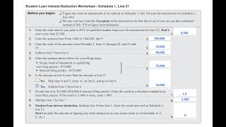 Student Loan Interest Deduction Worksheet Walkthrough IRS Schedule 1 Line 21 [upl. by Illah]