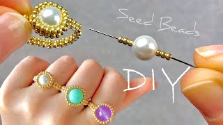 DIY Simple Beaded Rings  How to Make Seed Bead Rings  Beaded Herringbone Stitch Tutorial [upl. by Nodanrb]