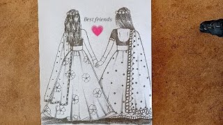 How to draw two girls best friends in traditional dressBff drawing easygirl drawingpencil sketch [upl. by Abbottson450]