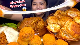 GOLDEN CHEESE BALLS SPICY WHOLE CHICKEN CURRY 🔥SPICY MAGGI WITH CHEESE AND MASALA PAV EATING SHOW [upl. by Anoyet]