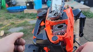 Chinese 25cc top handle chainsaw before and after muffler mod [upl. by Kella]