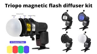 triopo budget magnetic flash speedlite diffuser kit with universal holder dome honeycomb grid 4 gels [upl. by Jepson]