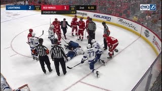 Girardi Hit by Slap Shot in the Back of the Head and Goes Down Hard 1718 Lighting vs Red Wings [upl. by Retepnhoj760]