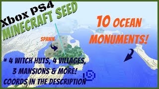 Minecraft XboxPS4 Seed 10 Ocean Monuments 4 Witch Huts LG Map [upl. by Cloutman]