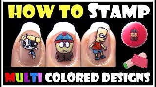 HOW TO STAMP MULTI COLORED DESIGNS  KONAD STAMPING NAIL ART TUTORIAL CARTOON EASY [upl. by Dleifxam]