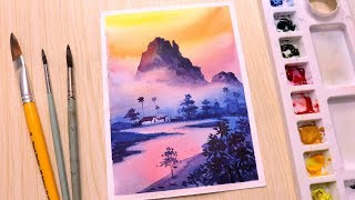 Watercolor painting for beginners mountain landscape easy [upl. by Streeter]