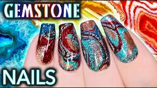 DIY Gemstone Nail Art  NO WATER WATERMARBLE [upl. by Nivad]