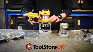 DEWALT DCW604NT  DCW604 18v Brushless XR TrimmerRouter  Bases  Full Review From ToolStore UK [upl. by Kerad165]