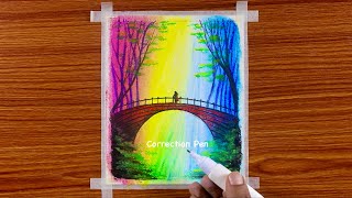 Beautiful Autumn Waterfall Bridge Scenery  Drawing with Oil Pastels  Step by Step [upl. by Ahsinyar]