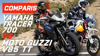 Head to Head Moto Guzzi V85 TT vs 2020 Yamaha Tracer 700  Visordowncom [upl. by Eelsnia]