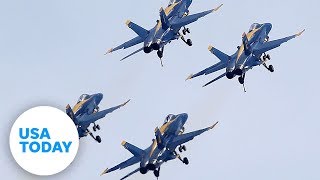 US Navy Blue Angels and Air Force Thunderbirds fly over New York City  USA TODAY [upl. by Fridlund]