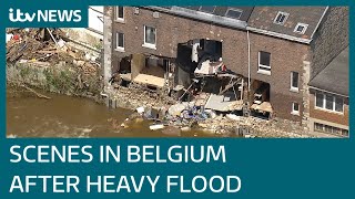 Exclusive footage Flooddamaged homes and debrislined streets along river in Belgium  ITV News [upl. by Noeruat]