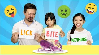 LICK BITE OR NOTHING CHALLENGE w Dad  Kaycee amp Rachel [upl. by Schreck]