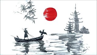 Japanese Landscape Drawing  Bamboo  Boat And Temple Drawing [upl. by Nnayecats722]